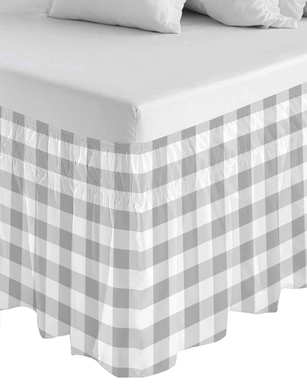 Grey Plaid Wrap Around Bed Skirts for Queen Bed 18" Drop,Bed Skirt with Adjustable Elastic Belt Dust Ruffle Bed Valance for Bedroom Hotel Gradient Geometric Buffalo White Checkered Bed Frame Cover