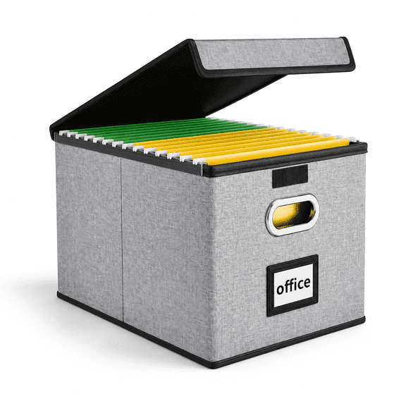 Grey Plastic File Organizer Box with Lid and Slide Rails for Letter Size Documents