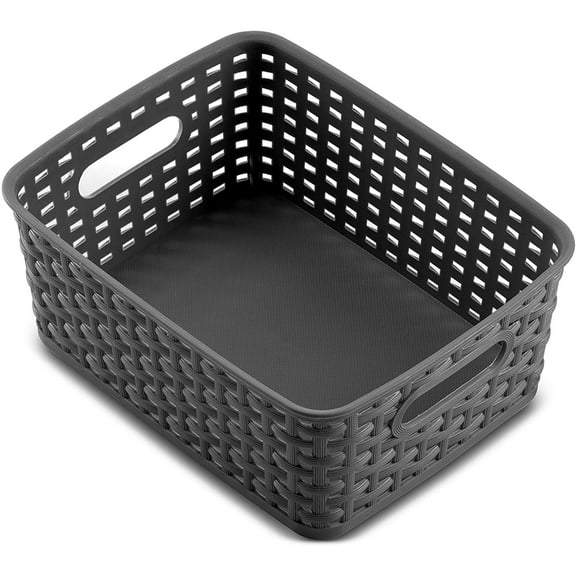 Grey Plastic Woven Storage Basket, Heavy Duty Weave Gray Box Organizer for Kitchen Office Bathroom, Household Storage Bin, 1 Pcs, 10.08x7.68x4.01"