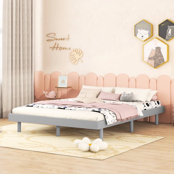Grey Platform Bed With A Stable And Airy Design Modern Floating Frame - Elegant Appearance Particle Board, Plywood, Rubberwood