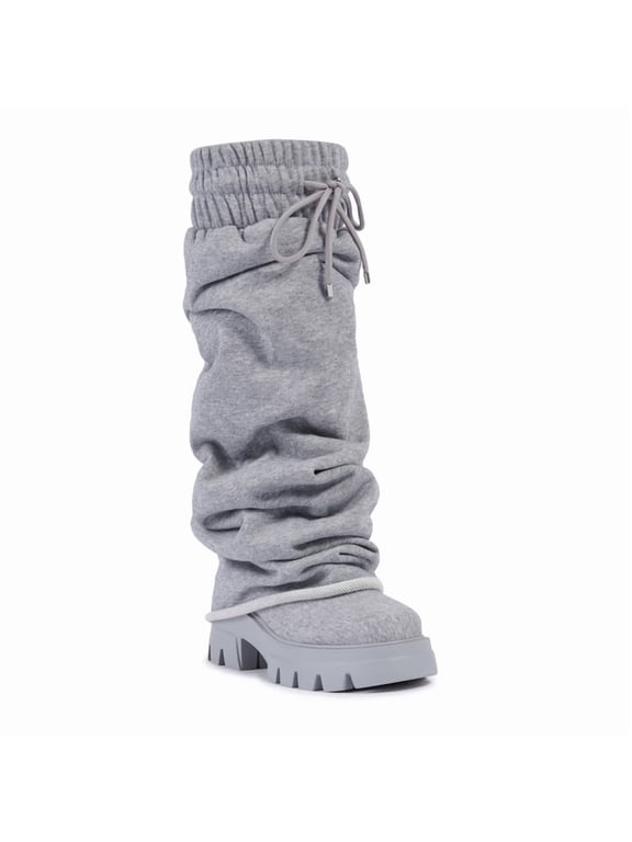 Grey Platform fold over Soft and elastic boot tube fabric Boots for women Round Toe Chunky Heel wide calf pants Boots Pull-On Fashion Party Slouchy Shoes 12