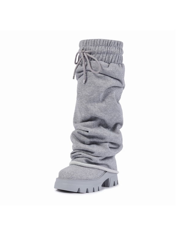 Women’s Knit Fabric Fold Over Chunky Platform Sweat Fabric Drawstring Elasticity Cuff Slouchy Lug Sole Casual Soft Jogger Style Fashion Tall Boots