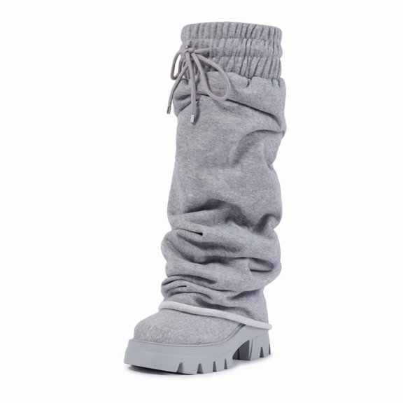 Women’s Knit Fabric Fold Over Chunky Platform Sweat Fabric Drawstring Elasticity Cuff Slouchy Lug Sole Casual Soft Jogger Style Fashion Tall Boots