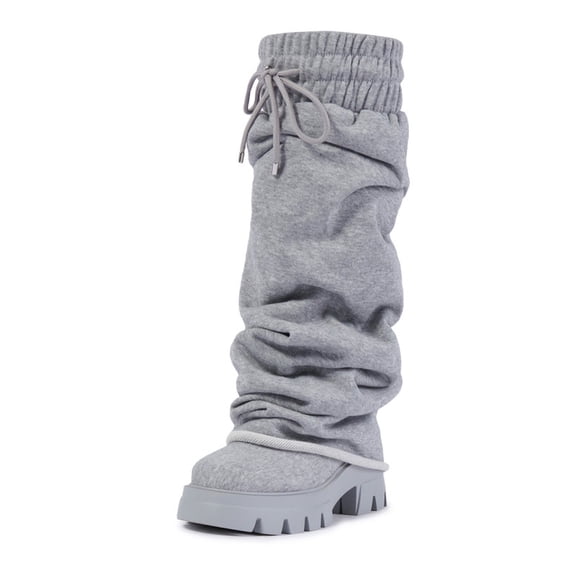 Women’s Knit Fabric Fold Over Chunky Platform Sweat Fabric Drawstring Elasticity Cuff Slouchy Lug Sole Casual Soft Jogger Style Fashion Tall Boots