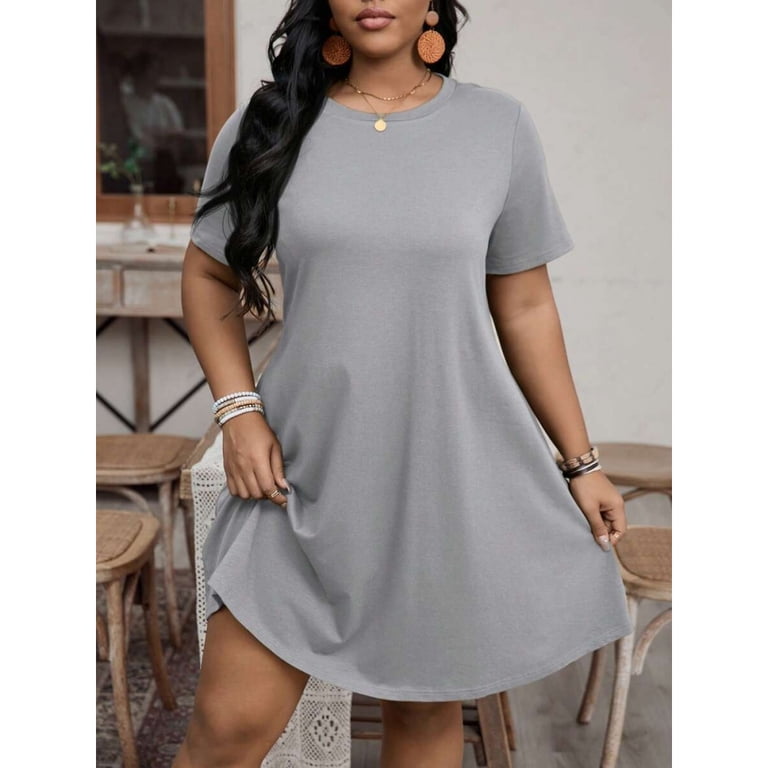 a line t shirt dress plus size Grey Women Summer Round Neck Short Sleeve Casual Flowy A-Line T-Shirt Strapless Backless U-Plunge Bodysuit 1920s style dress Size:16 1/2 x 36 Relaxed fit for all