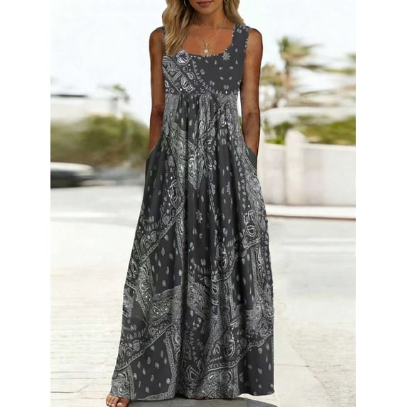 Grey Plus Size Womens Casual Bohemian Sleeveless Maxi Dress With Bandana Print For Summer Vacation