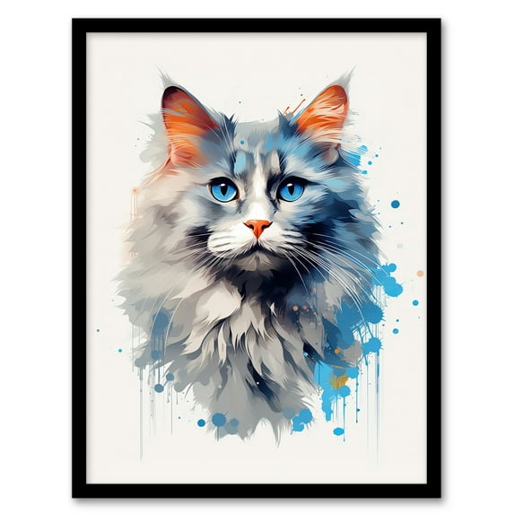 Grey Point Ragdoll With Blue Eyes Cat Lover Gift Pet Portrait Bright Artwork Painting Art Print Framed Poster Wall Decor 12x16 inch