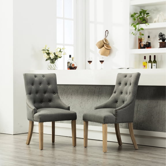 Grey Polyester Chairs with Nail Heads / Decorate Dining Space with 2-Chair Set