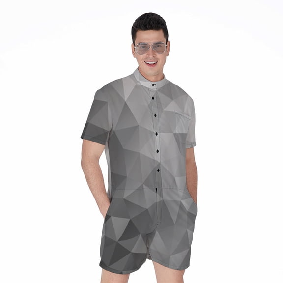 Grey Polygonal Geometric Short Sleeve Men'S Rompers Casual Summer Jumpsuits Outfit