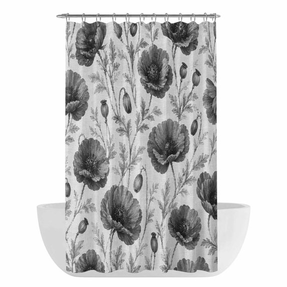 Grey Poppy Floral Shower Curtain - Water Repellent Fabric Shower Curtains Washable, Vintage Botanical Flowers Aesthetic Decorative Polyester Cloth Bathroom Curtains Modern Bath Decor 36"x72"