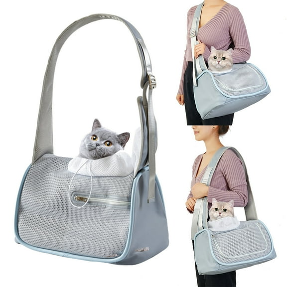 Grey Portable Foldable Breathable Mesh Cat Carrier Shoulder Crossbody Pet Bag With Leash Escape Proof Design Hard Padded Panel For Comfort Machine Washable 15.7X9.8X9.8In