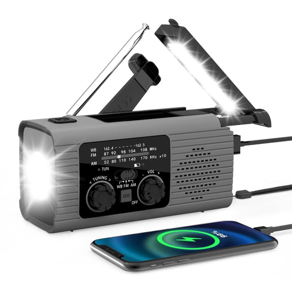 Grey Portable Solar Emergency Radio 4000Mah Hand Crank Dynamo Am Fm Noaa Weather Radio With Led Flashlight Power Bank