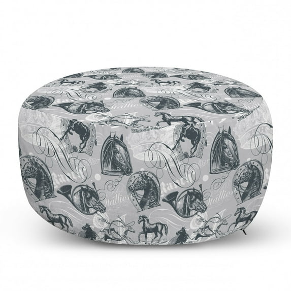 Grey Pouf Cover with Zipper, Different Kind of Nostalgic Gentle Horses on Calligraphic Vintage Styled Background, Soft Decorative Fabric Unstuffed Case, 30" W X 17.3" L, Grey White, by Ambesonne