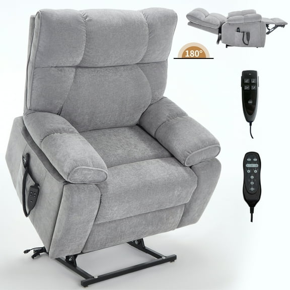 Grey Power Lift Recliner with Heat Massage, Dual Motor Infinite Position & Medium-Firm Support for 350LBS Capacity