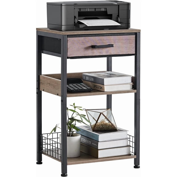 Grey Printer Stand with Fabric Drawer, 3 Tier Industrial Side Table, Modern Small Printer Desk Holder with Storage Shelf,Multi-Functional Bedside Tables for Home Office Fax Machine Scanner