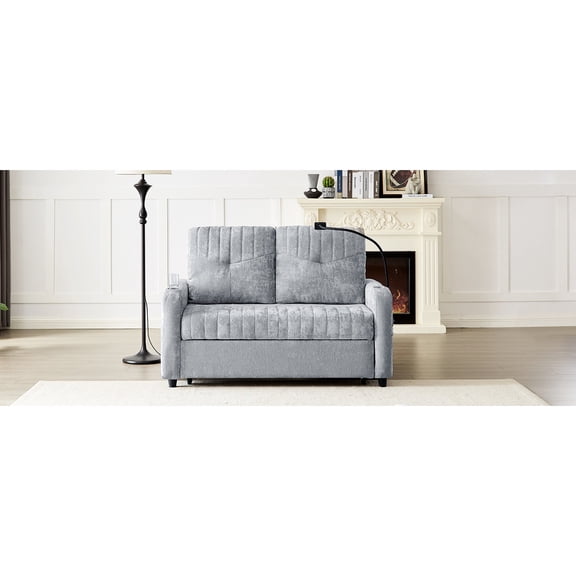 Grey Pull-out Sofa Bed with USB Ports and Phone Holder / Charge and Hold Phone Conveniently