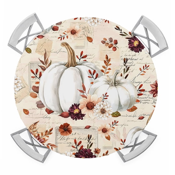 Grey Pumpkins Fall Round Tablecloth for 55-60 Inch Tables, Fitted Table Cover with Elastic Edge, Botanical Thanksgiving Floral Waterproof Outdoor Table Cloth Protector for Patio Garden Dinner Picnic