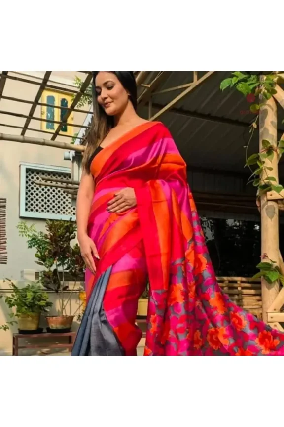 Grey Pure Silk Hand Painted Saree