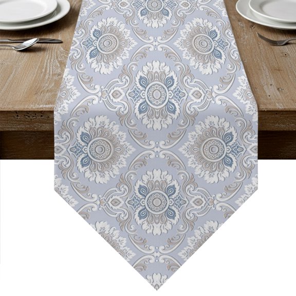 Grey Purple Boho Floral Table Runner Linen Burlap Table Runner 36 Inches Small Vintage Farmhouse Ethnic Flowers Dresser Scarves for Kitchen Island Coffee Dining Room Party Holiday Decor 13"x36"