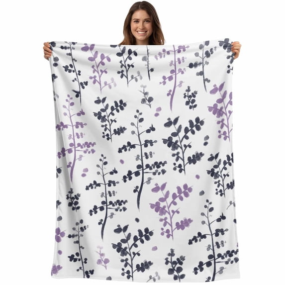 Grey Purple Botanical Blanket Soft Cozy Warm Throw Blanket for Couch, Plush Fuzzy Flannel Fleece Blankets for Sofa, Watercolor Spring Floral Summer Leaf Bed Blankets Gifts for Men, 50"x80"