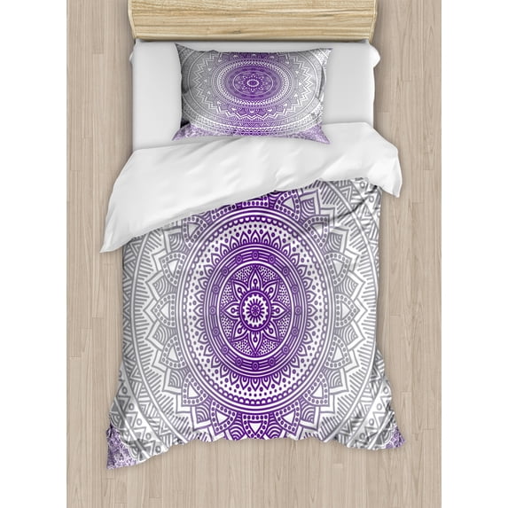 Grey and Purple Duvet Cover Set, Eastern Traditional of Cosmos Pattern Boho Ombre Mandala Design Print, Decorative 2 Piece Bedding Set with 1 Pillow Shams, Twin Size, Purple White, by Ambesonne