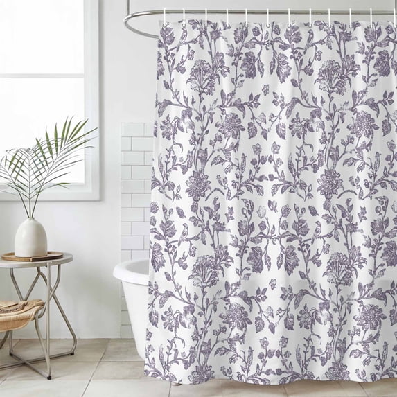 Grey-Purple Flower Shower Curtain Set, Waterproof Shower Curtains for Bathroom, Vintage Farmhouse Boho Leaf Spring Washable Fabric Cloth Bath Curtain for Bathtub Decoration with Hooks 60x72 Inches