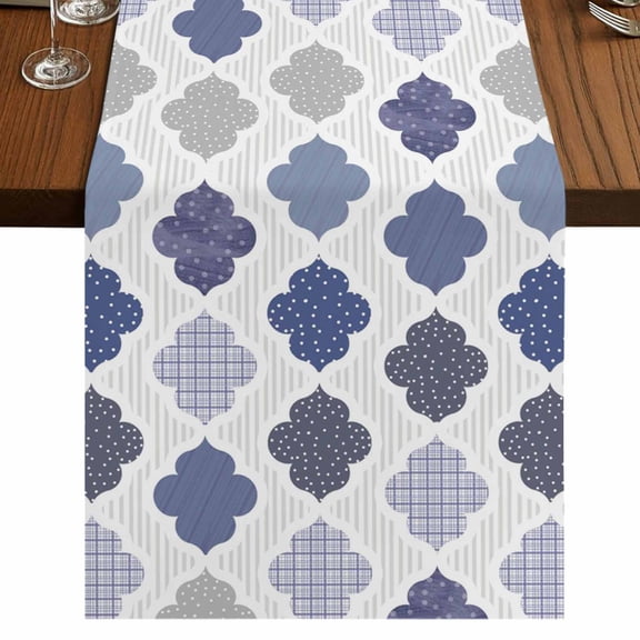 Grey Purple Moroccan Burlap Cotton Table Runner 13x48 Inches Long, Retro Bohemia Geometric Pattern Farmhouse Table Runners, Outdoor Dining Tablecloths Decor for Baby Shower/Party/Wedding
