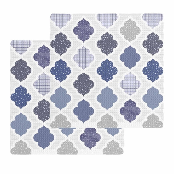 Grey Purple Moroccan Kitchen Dish Towels for Drying Dishes Set of 2, Retro Bohemia Geometric Pattern Waffle Weave Microfiber Hand Tea Bathroom Towels Quick Dry & Absorbent Towel 12x12