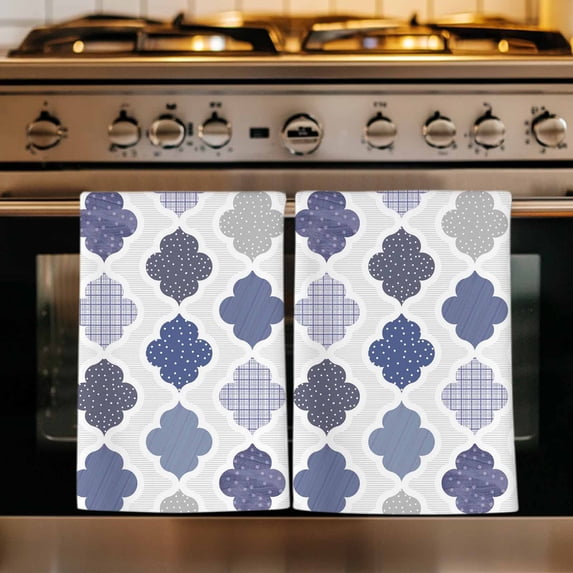 Grey Purple Moroccan Kitchen Towels Set of 2, Retro Bohemia Geometric Pattern Absorbent Dish Towels for Kitchen, Microfiber Hand Towel, Quick Drying Tea Towel for Cleaning Decorative Dishcloths