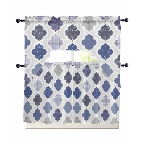 Grey Purple Moroccan Swag Kitchen Curtains Sets for Windows 24 Inch Length, Retro Bohemia Geometric Pattern Short Window Curtain Panels Swags Valances and Tiers 3 Piece Set for Cafe/Dining Room
