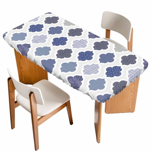 Grey Purple Moroccan Table Cloths for 6 Foot Rectangle Tables, Retro Bohemia Geometric Pattern Patio Waterproof Elastic Fitted Tablecloths, Washable Rectangular Table Cover for Camping