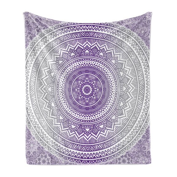 Grey and Purple Soft Flannel Fleece Throw Blanket, Eastern Traditional of Cosmos Pattern Boho Ombre Mandala Design Print, Cozy Plush for Indoor and Outdoor Use, 50" x 70", Purple White, by Ambesonne