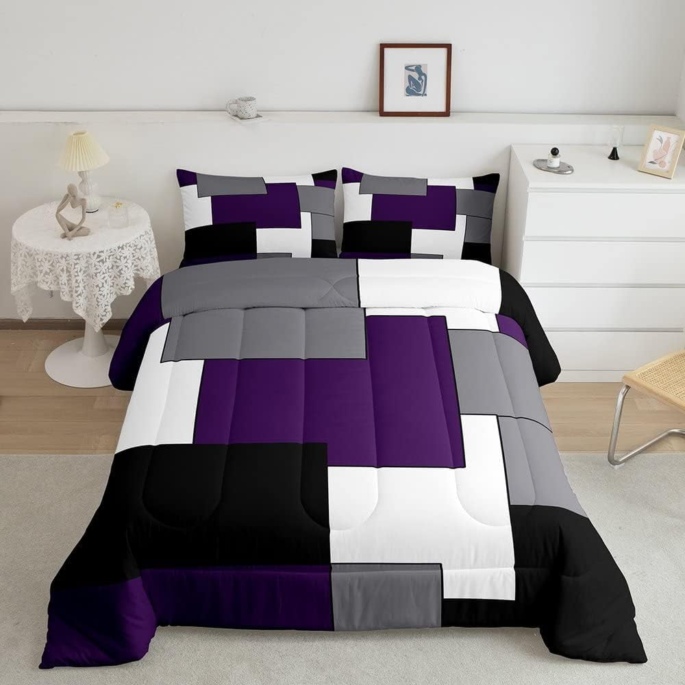 Grey Purple White Black Bedding Set,Geometry Square Comforter Set Queen,Young Man Geometric