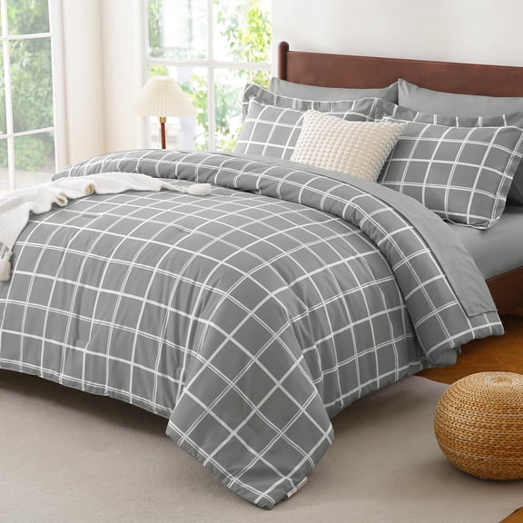 Grey Queen 7-Piece Plaid Bed In A Bag All Season Soft Bedding Set