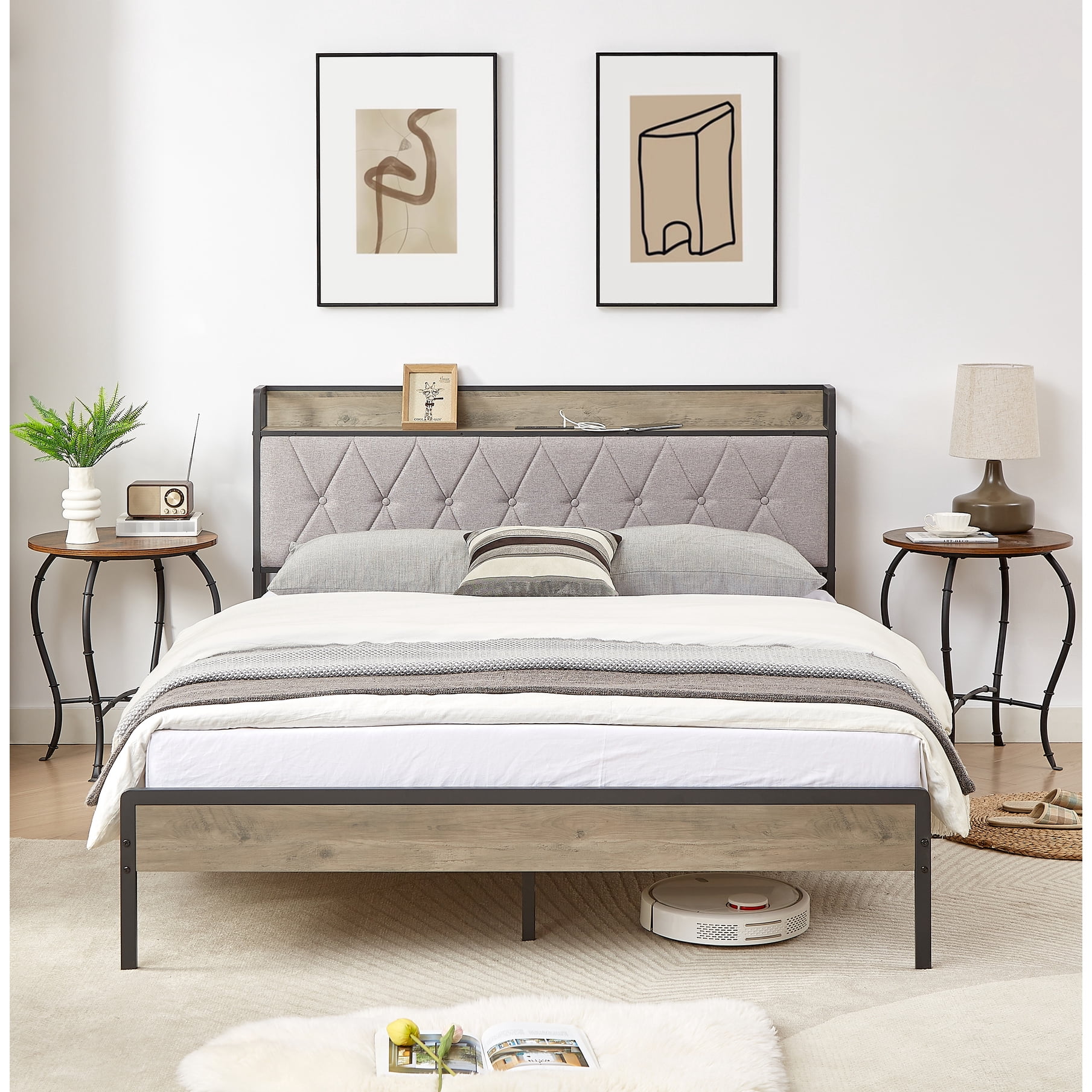 Grey Queen Bed Frame With Built-in Charging, 87.8''l X 61.8''w 39.2''h ...