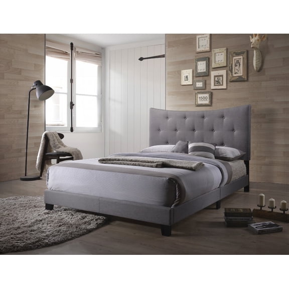 Grey Queen Bed Offering Soft Padded Fabric and Button Tufted Design