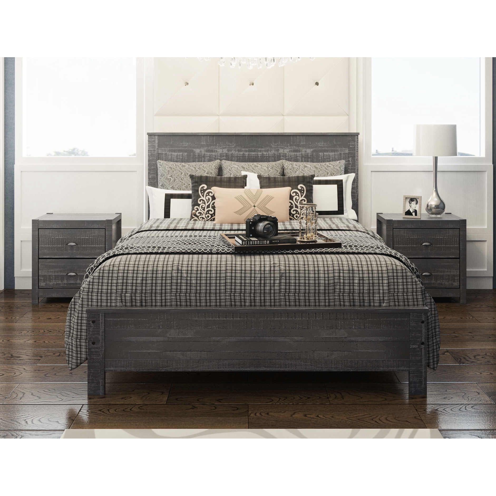 Grey Queen Bed Solid Wood Frame With Headboard, Heavy Duty 87.28in — free download