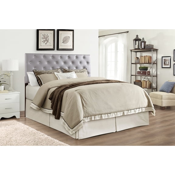Grey Queen Bed With Faux Leather Headboard - Adjustable Height From 41 To 53 Inches Foam Filled For Comfort Button Head Effortless Maintenance