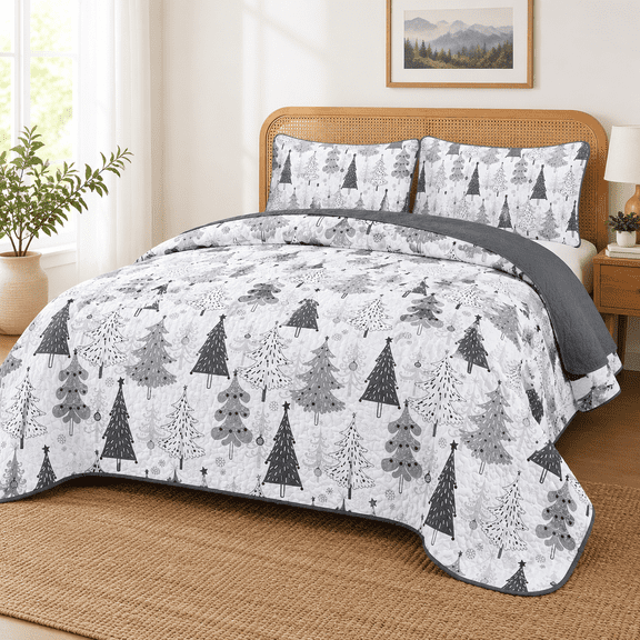 Grey Queen Christmas Tree Pine Pattern Quilt Set 3-Piece Bedding