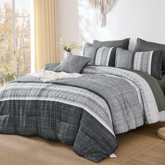 Grey Queen Comforter Size Set 8 Pieces Striped Texture Bed in a Bag Bedding Sets Lightweight Soft Comforter and Sheet Set All Season Microfiber Teen Boys Bedding Sets for Men Women