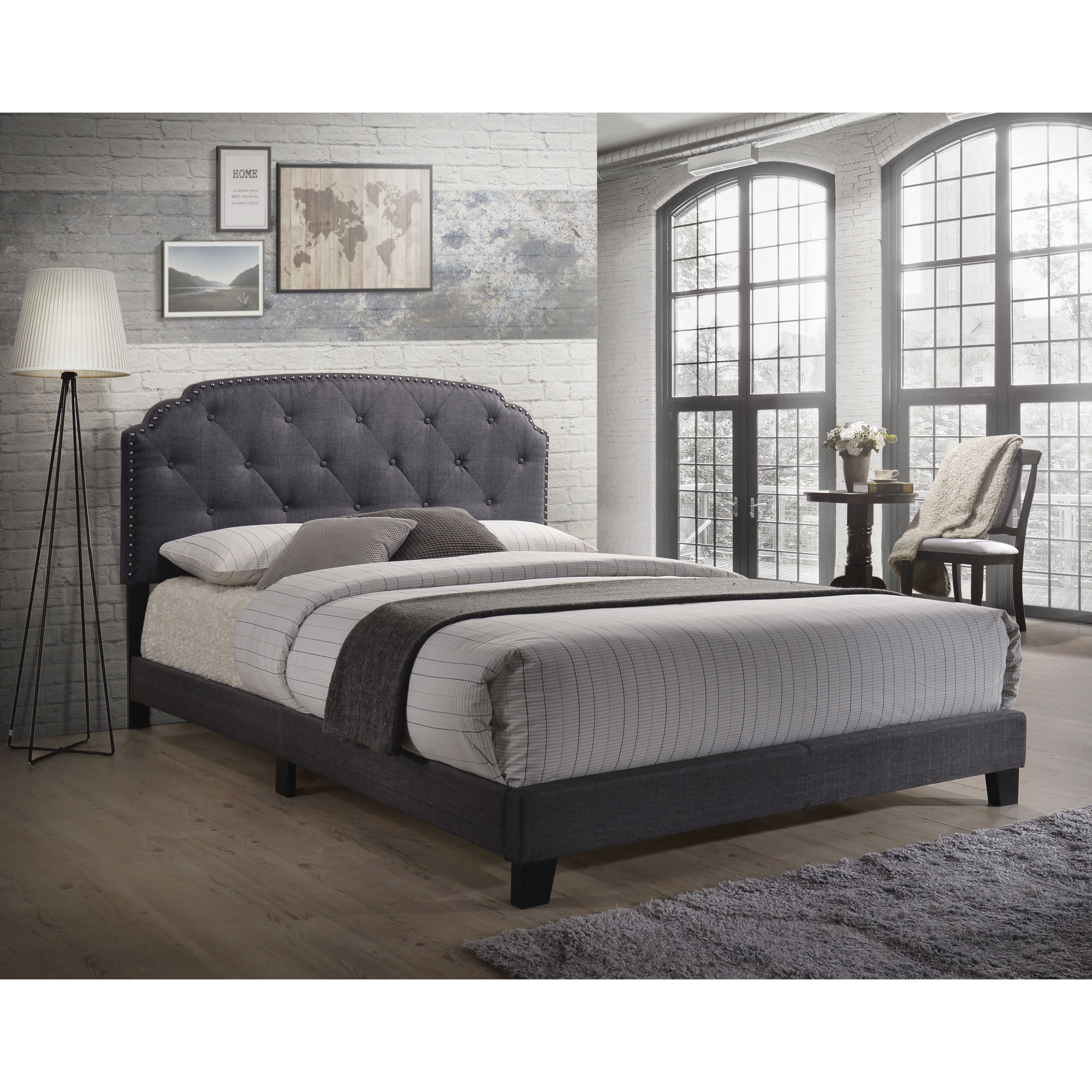 Grey Queen Panel Bed - Fabric Upholstery, Nailhead Trim, Arched ...