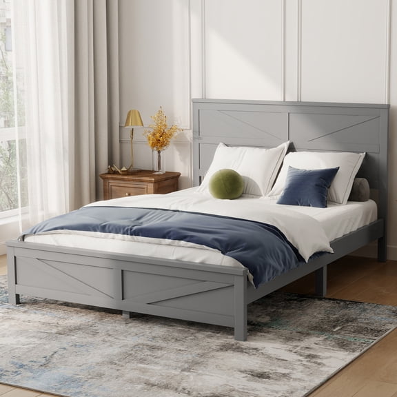 Grey Queen Size Bed Frame with Barn Door Design Headboard Footboard,Farmhouse Style Pinewood Bed Frame,Strengthened Sturdy Construction,Rustic Frame Bed for Master Bedroom,Guest Room,or Apartment.
