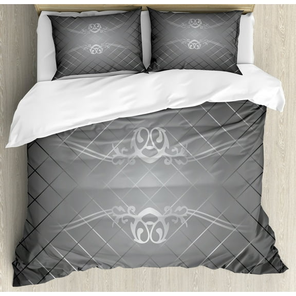 Grey Queen Size Duvet Cover Set, Checkered Pattern with Scroll Detail Abstract Victorian Vignette Classic, Decorative 3 Piece Bedding Set with 2 Pillow Shams, Charcoal Grey Pale Grey, by Ambesonne