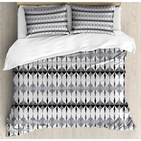 Grey Queen Size Duvet Cover Set, Timeless Old Nordic Linked Motif with Triangles and Touchy Artisan Picture Work of Art, Decorative 3 Piece Bedding Set with 2 Pillow Shams, White, by Ambesonne