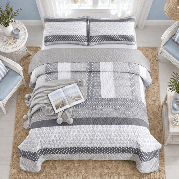 Grey Queen Size Quilt Set Boho Striped Bedspread