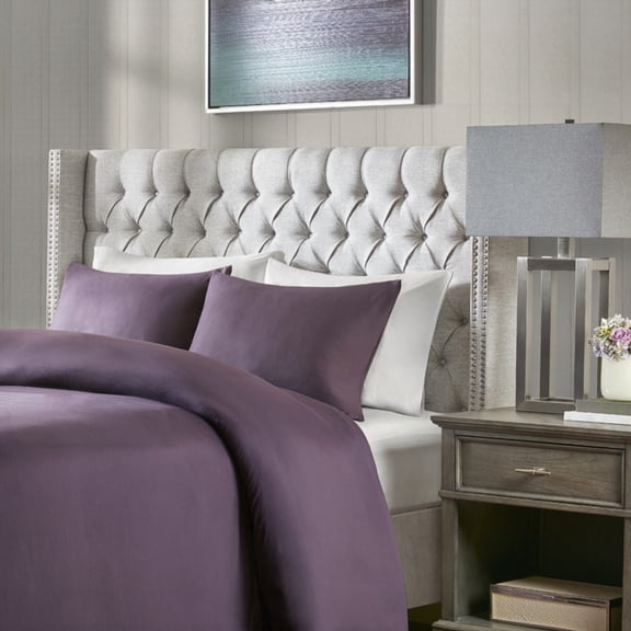 Grey Queen Upholstery Headboard - Wing Back & Double Row Nailhead Trim