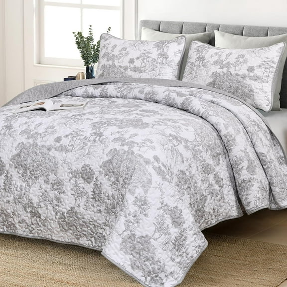 Grey Quilt Set Twin Size, 2 Pieces Botanical Bedspreads Set Lightweight Microfiber Grey Toile Plants Pattern Coverlet Home Decor for All Seasons(86"68")