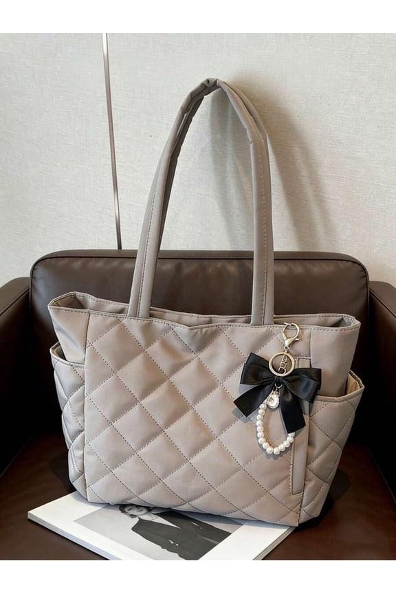 Grey Quilted Dual-Handle Tote Bag With Pearl Bow Charm, Large Capacity