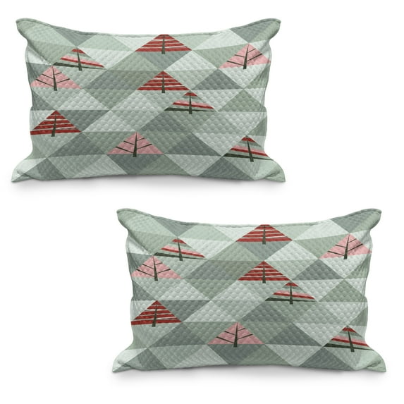 Grey Quilted Pillowcover Set of 2, Abstract Geometrical Theme Retro Illustration of Triangles Trees Print, Standard Queen Size Pillow Cover for Bedroom, 36" x 20", Coral and Reseda Green, by Ambesonne