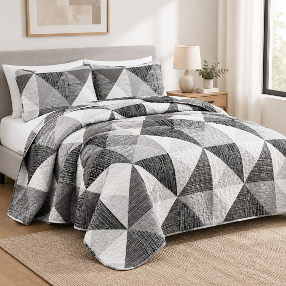 Grey Quilts Queen Size Patchwork Bedspread With 2owcases